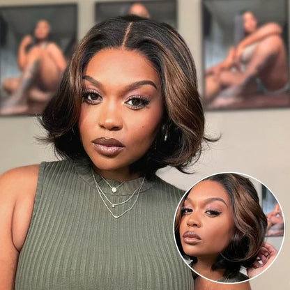 Blonde Highlight / Brown Highlight Short Layered Bob Wig Glueless Closure Pre-Cut Lace Wig