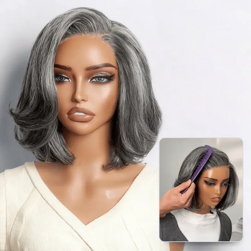Salt & Pepper 100% Human Hair Layered Bob Wig Glueless Minimalist Lace Grey Wig Pre-Cut Lace