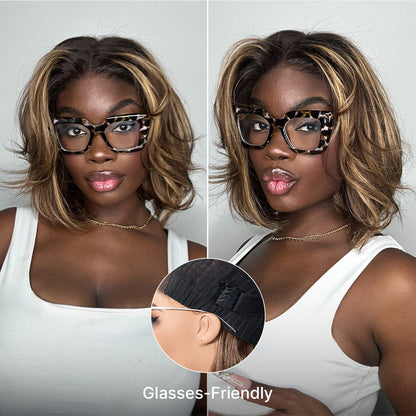 Blonde Highlight / Brown Highlight Short Layered Bob Wig Glueless Closure Pre-Cut Lace Wig