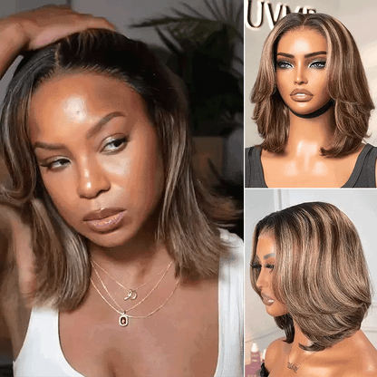Blonde Highlight / Brown Highlight Short Layered Bob Wig Glueless Closure Pre-Cut Lace Wig