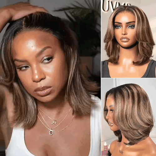Blonde Highlight / Brown Highlight Short Layered Bob Wig Glueless Closure Pre-Cut Lace Wig