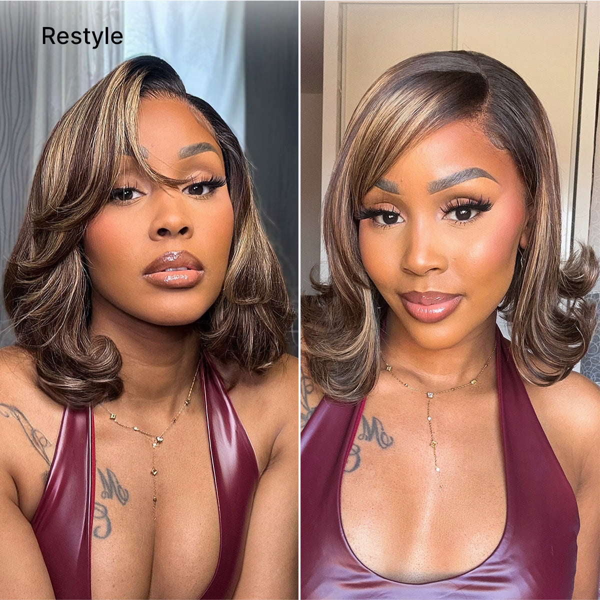 Blonde Highlight / Brown Highlight Short Layered Bob Wig Glueless Closure Pre-Cut Lace Wig
