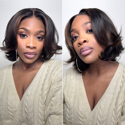 Blonde Highlight / Brown Highlight Short Layered Bob Wig Glueless Closure Pre-Cut Lace Wig