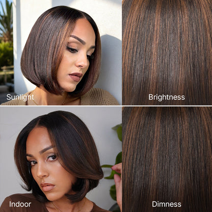Blonde Highlight / Brown Highlight Short Layered Bob Wig Glueless Closure Pre-Cut Lace Wig