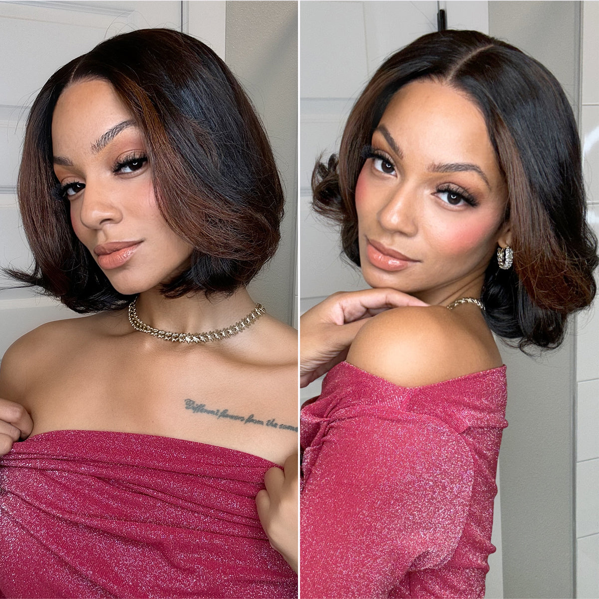 Blonde Highlight / Brown Highlight Short Layered Bob Wig Glueless Closure Pre-Cut Lace Wig