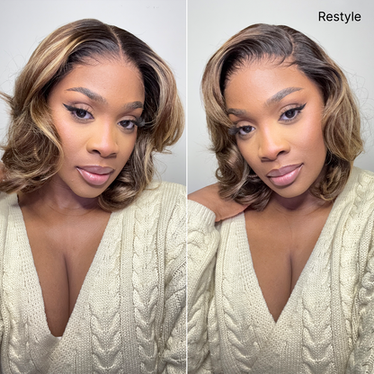 Blonde Highlight / Brown Highlight Short Layered Bob Wig Glueless Closure Pre-Cut Lace Wig