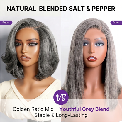 Salt & Pepper 100% Human Hair Layered Bob Wig Glueless Minimalist Lace Grey Wig Pre-Cut Lace
